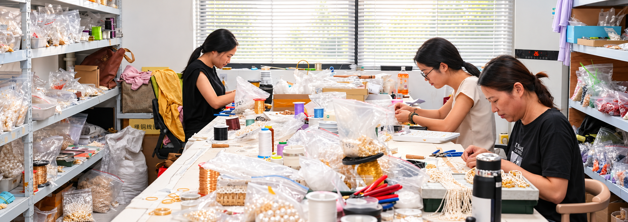 Jewelry artisan team creating handmade pearl jewelry in workshop